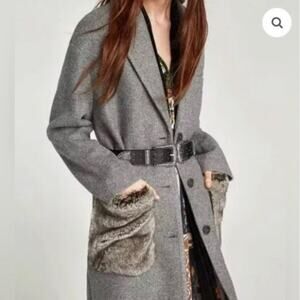 Zara Faux Fur Pockets Oversized Gray MIDI Trench Coat SZ M